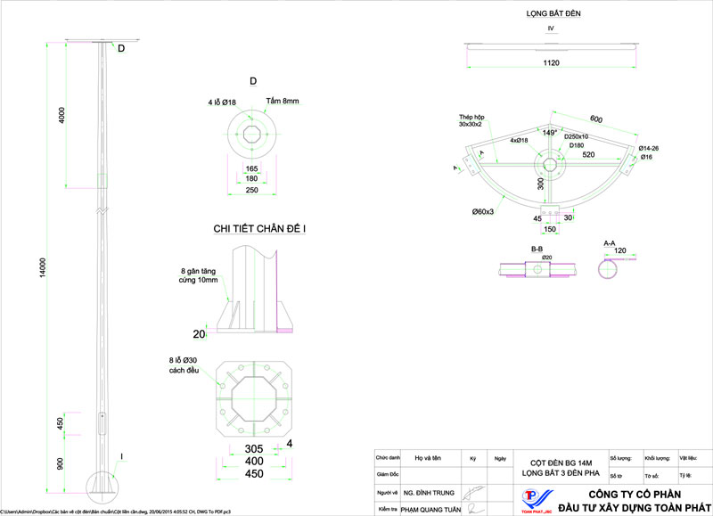 Cột đèn bát giác cao 14 mét, lọng bát 3 đèn pha